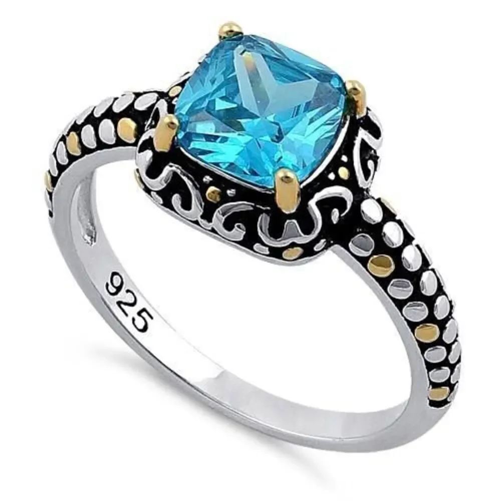 Sterling Silver Celtic Blue Topaz Cushion CZ Ring Brand New